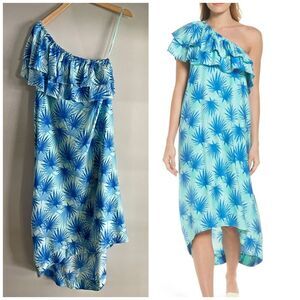 VINEYARD VINES Palm Leaf One Shoulder Ruffle Midi Dress | Size 2 Blue Turquoise